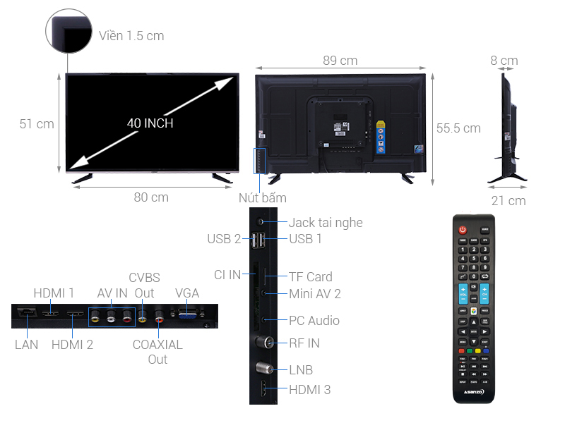Thông số kỹ thuật Smart Tivi Asanzo 40 inch 40AS350