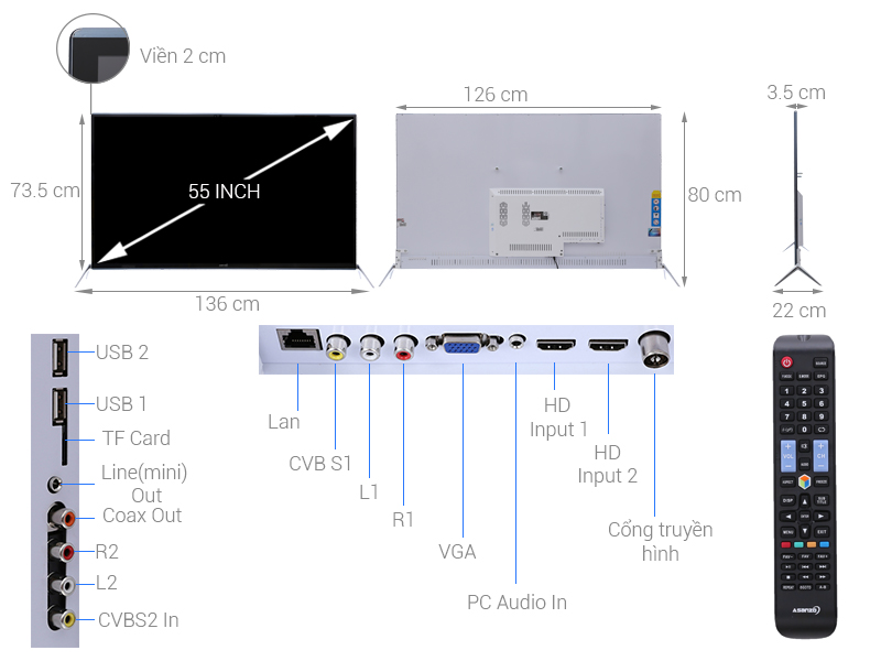 Thông số kỹ thuật Smart Tivi Asanzo 55 inch 55SK900