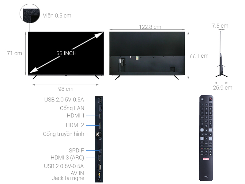 Thông số kỹ thuật Smart Tivi TCL 4K 55 inch L55P6-UF