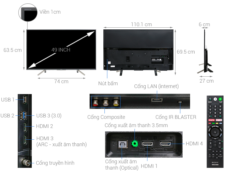 Thông số kỹ thuật Android Tivi Sony 49 inch KDL-49W800F