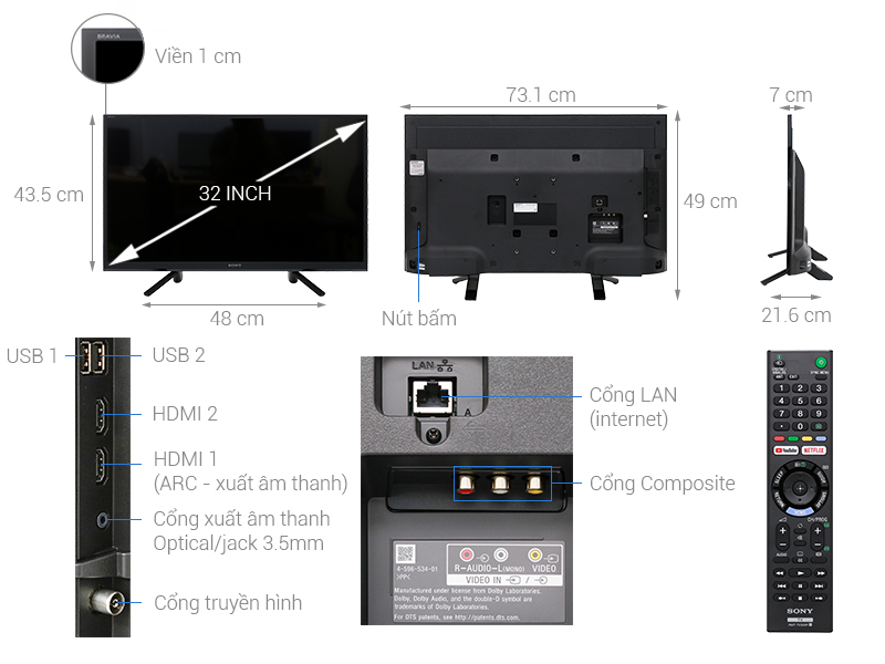 Thông số kỹ thuật Smart Tivi Sony 32 inch KDL-32W610F