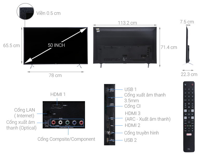 Thông số kỹ thuật Smart Tivi TCL 4K 50 inch L50P62