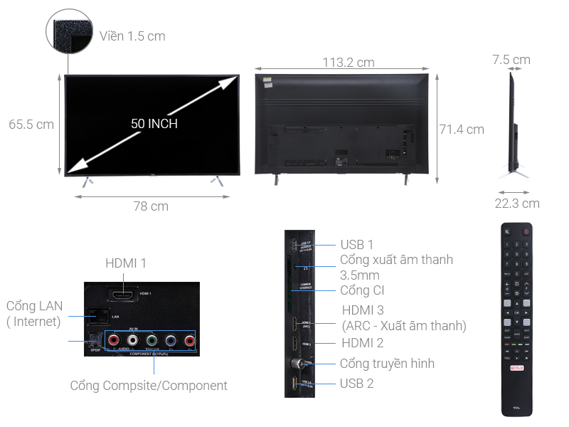 Thông số kỹ thuật Smart Tivi TCL 4K 50 inch L50P62