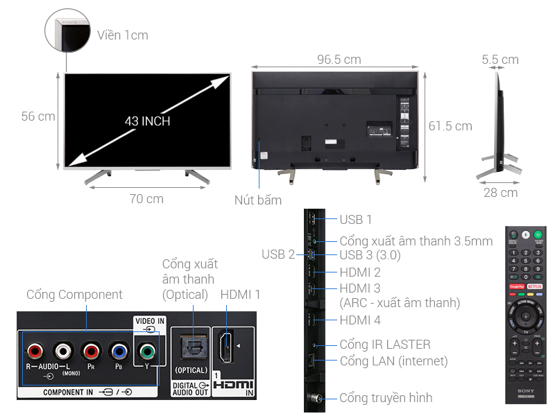 Thông số kỹ thuật Android Tivi Sony 4K 43 inch KD-43X8500F/S