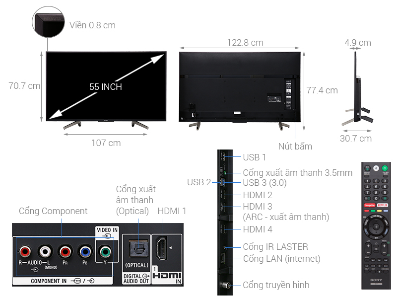 Thông số kỹ thuật Android Tivi Sony 4K 55 inch KD-55X8500F