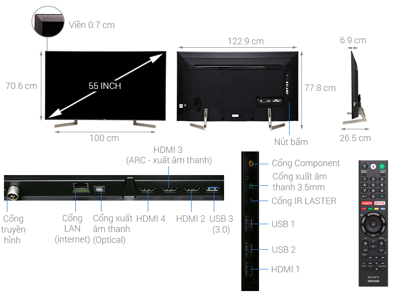 Thông số kỹ thuật Android Tivi Sony 55 inch KD-55X9000F
