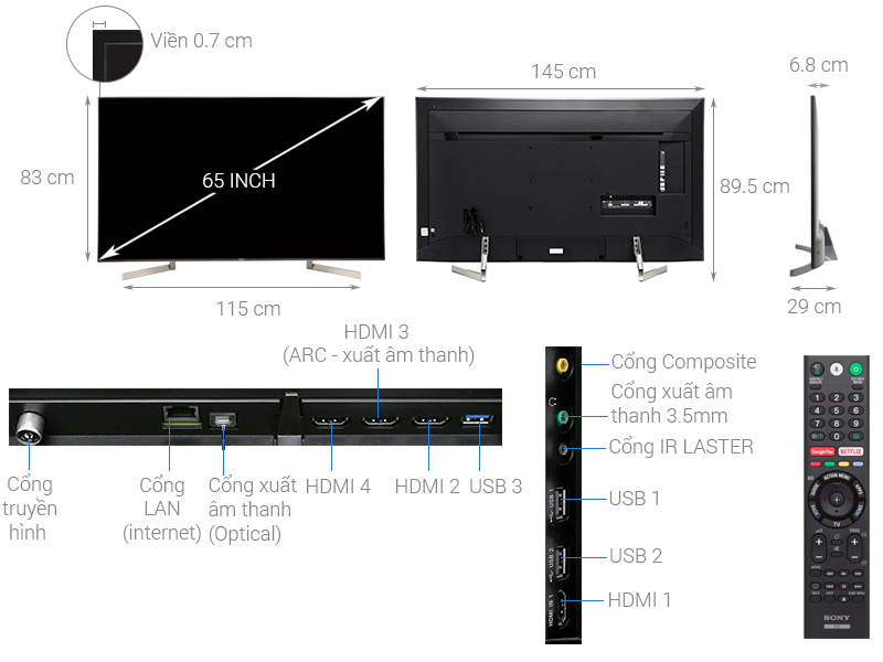 Thông số kỹ thuật Android Tivi Sony 4K 65 inch KD-65X9000F