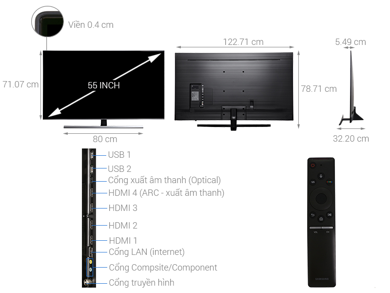 Thông số kỹ thuật Smart Tivi Samsung 4K 55 inch UA55NU8000