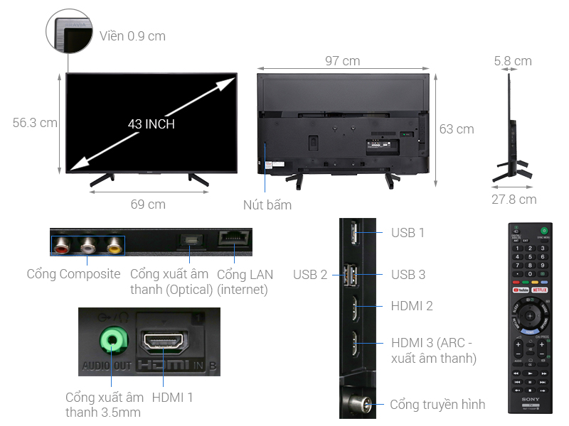 Thông số kỹ thuật Smart Tivi Sony 4K 43 inch KD-43X7000F