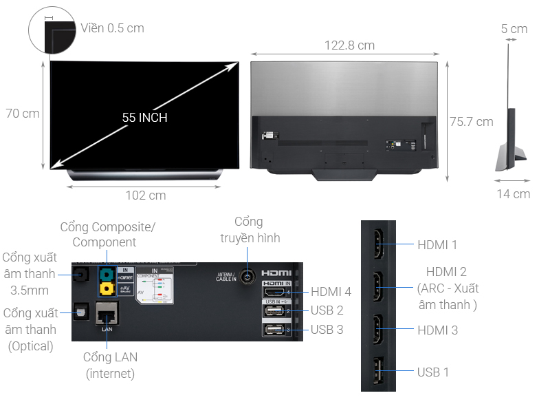 Thông số kỹ thuật Smart Tivi OLED LG 4K 55 inch 55C8PTA