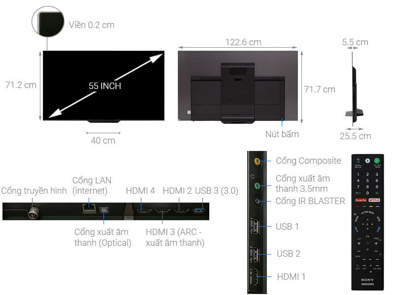 Thông số kỹ thuật Android Tivi OLED Sony 4K 55 inch KD-55A8F