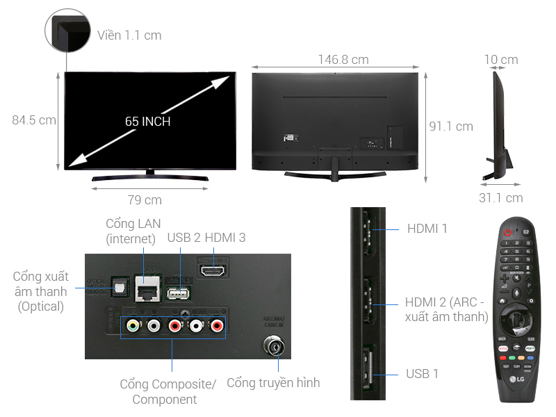 Thông số kỹ thuật Smart Tivi LG 4K 65 inch 65UK6340PTF