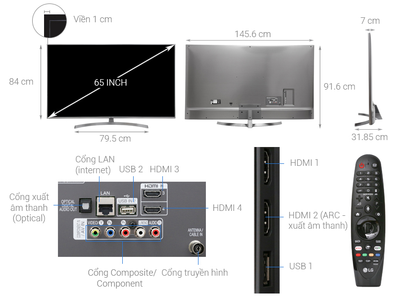 Thông số kỹ thuật Smart Tivi LG 4K 65 inch 65UK7500PTA