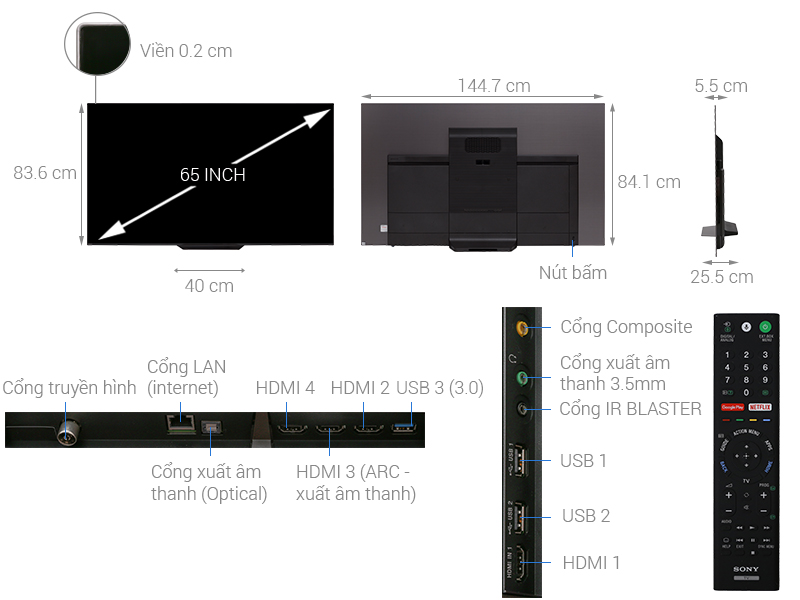 Thông số kỹ thuật Android Tivi OLED Sony 4K 65 inch KD-65A8F