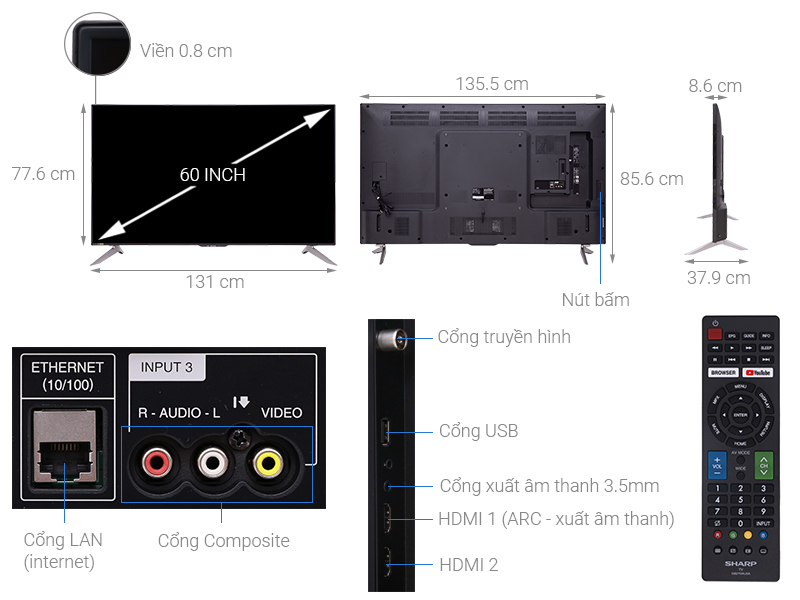 Thông số kỹ thuật Smart Tivi Sharp 4K 60 inch LC-60UA6500X