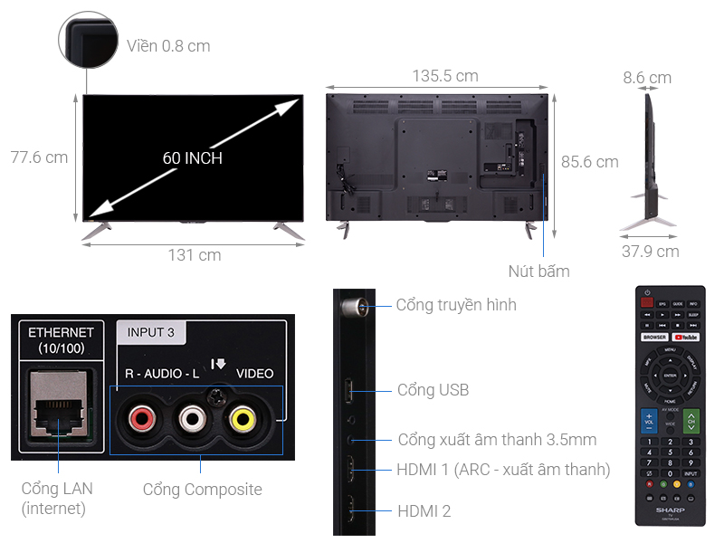 Téléviseur Ecran Plat 60 Pouces Full HD Sharp LC-60UA6500x SHA0027