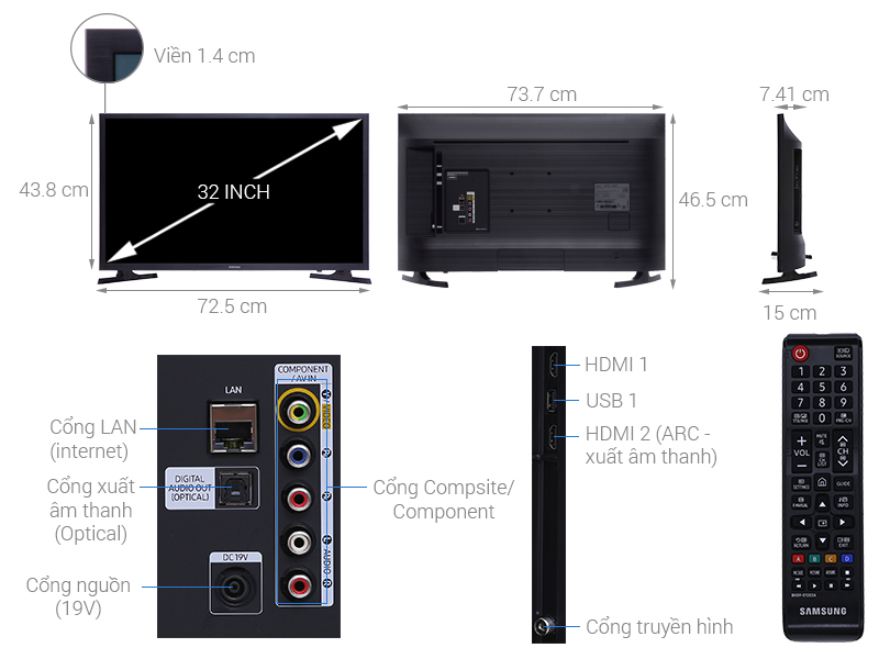 Thông số kỹ thuật Smart Tivi Samsung 32 inch UA32N4300