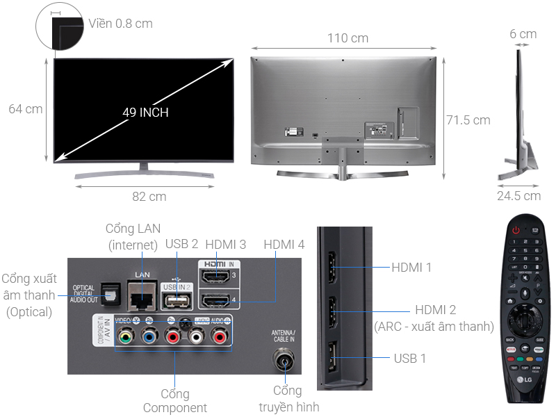 Thông số kỹ thuật Smart Tivi LG 4K 49 inch 49SK8000PTA