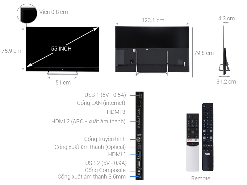 Thông số kỹ thuật Android Tivi QLED TCL 55 inch L55X4