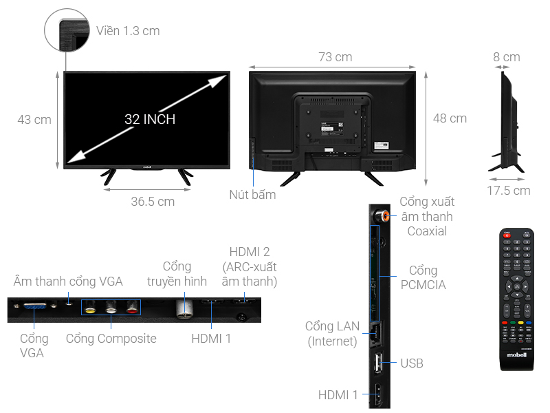 Thông số kỹ thuật Smart Tivi Mobell 32 inch 32W600A