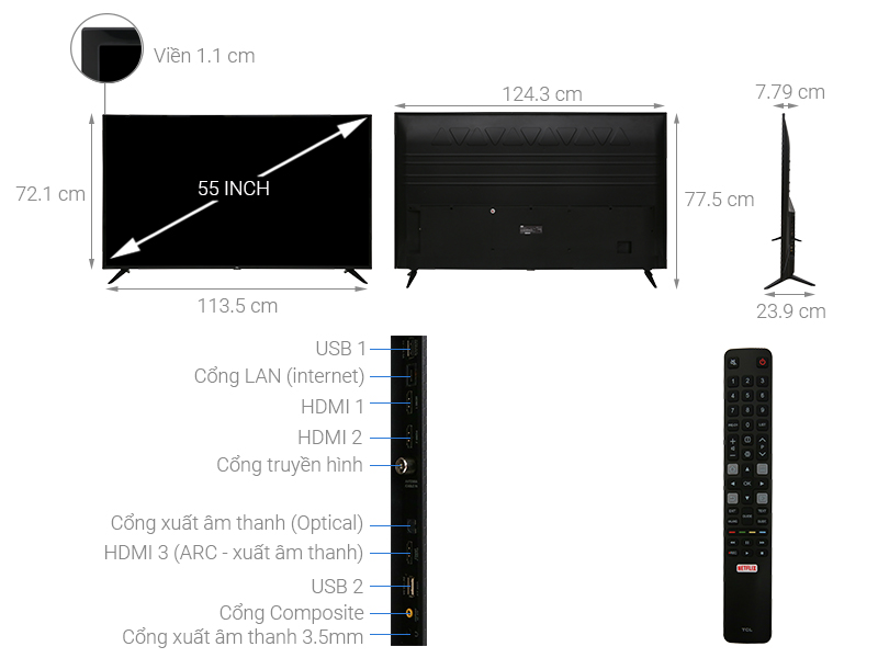 Thông số kỹ thuật Smart Tivi TCL 4K 55 inch L55P65-UF