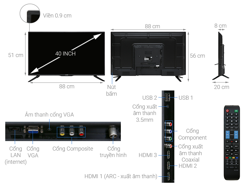 Thông số kỹ thuật Android Tivi Mobell 40 inch 40S600A