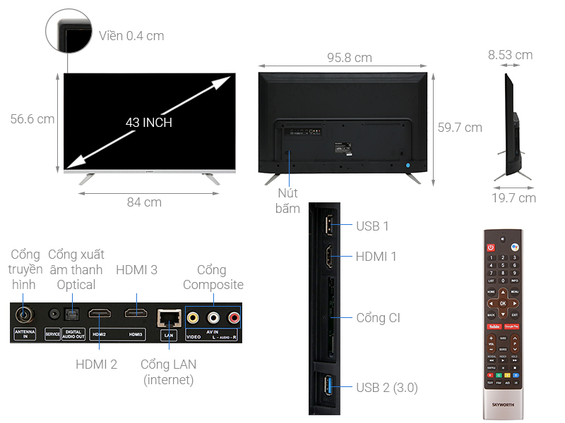 Thông số kỹ thuật Android Tivi Skyworth 43 inch 43E6