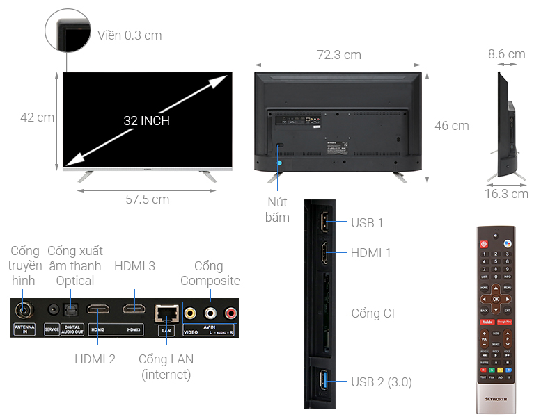 Thông số kỹ thuật Android Tivi Skyworth 32 inch 32E6