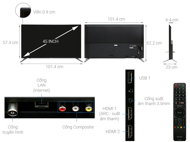 Thông số kỹ thuật Smart Tivi Sharp 45 inch 2T-C45AE1X