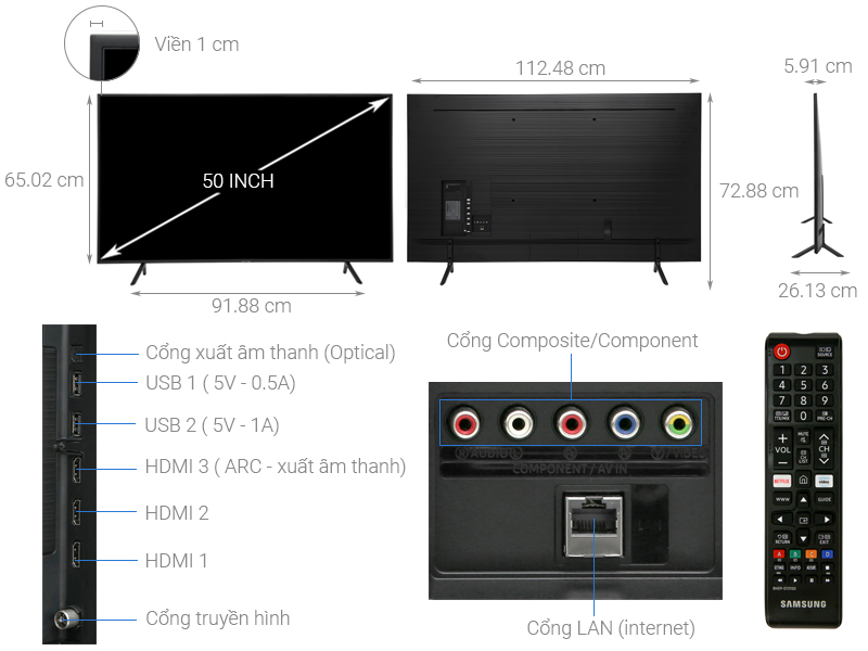 Thông số kỹ thuật Smart Tivi Samsung 4K 50 inch UA50RU7100