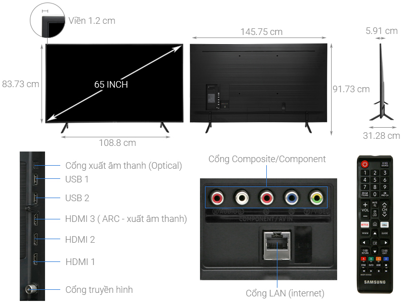 Thông số kỹ thuật Smart Tivi Samsung 4K 65 inch UA65RU7100