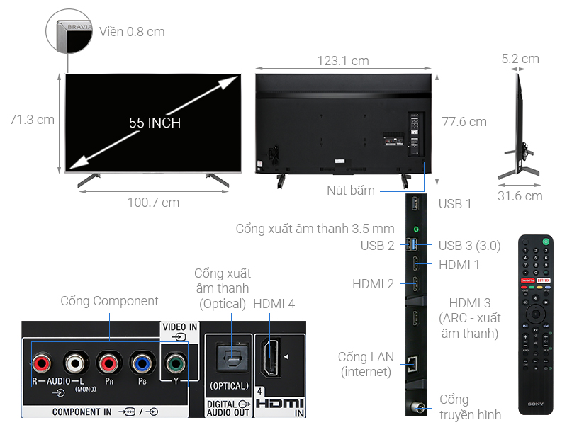 Thông số kỹ thuật Android Tivi Sony 4K 55 inch KD-55X8500G/S