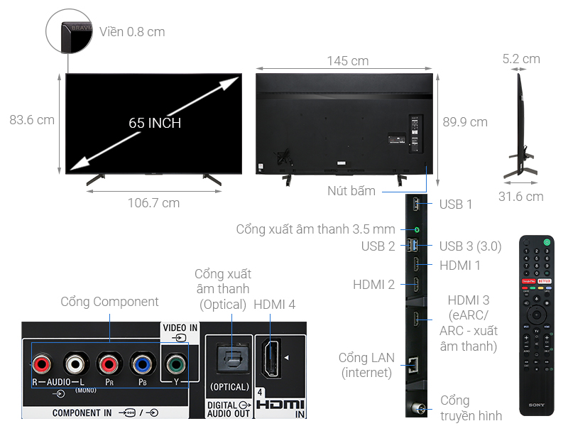 Thông số kỹ thuật Android Tivi Sony 4K 65 inch KD-65X8500G