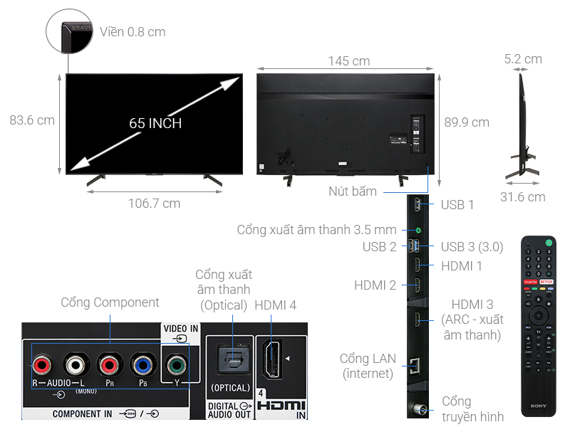 Thông số kỹ thuật Android Tivi Sony 4K 65 inch KD-65X8500G