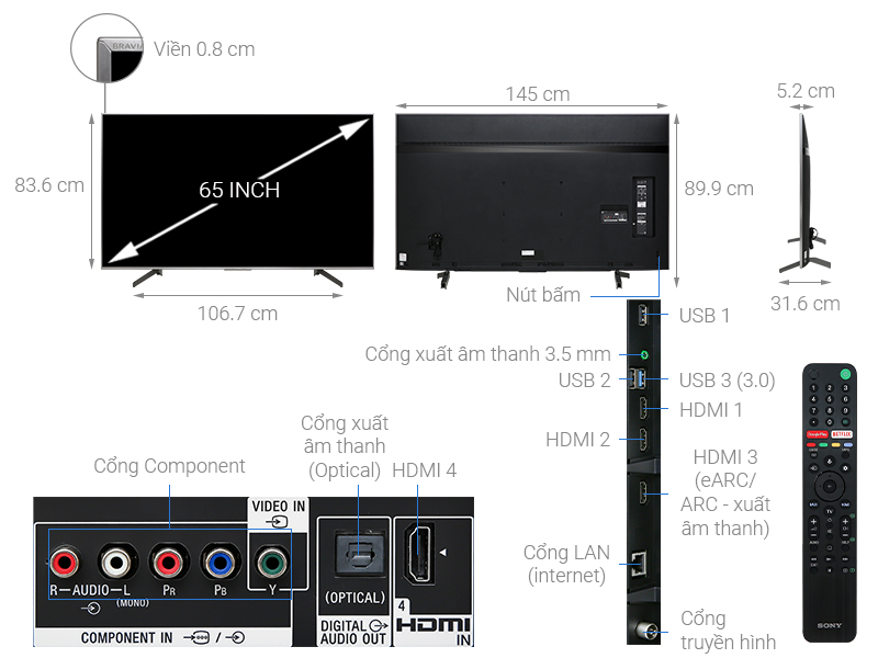 ThÃ´ng sá» ká»¹ thuáº­t Android Tivi Sony 4K 65 inch KD-65X8500G/S