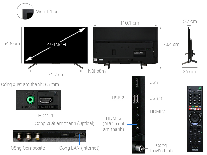 Thông số kỹ thuật Smart Tivi Sony 4K 49 inch KD-49X7000G