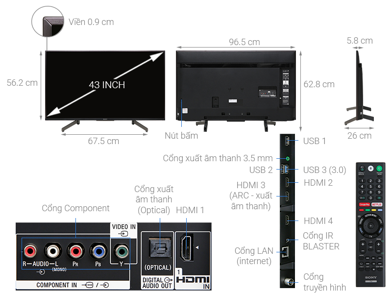 Thông số kỹ thuật Android Tivi Sony 4K 43 inch KD-43X8500G