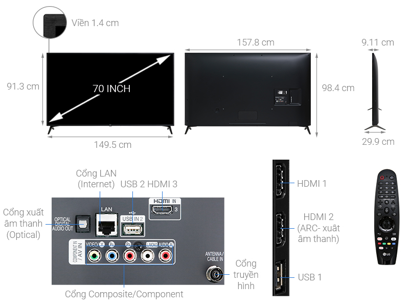Thông số kỹ thuật Smart Tivi LG 4K 70 inch 70UM7300PTA