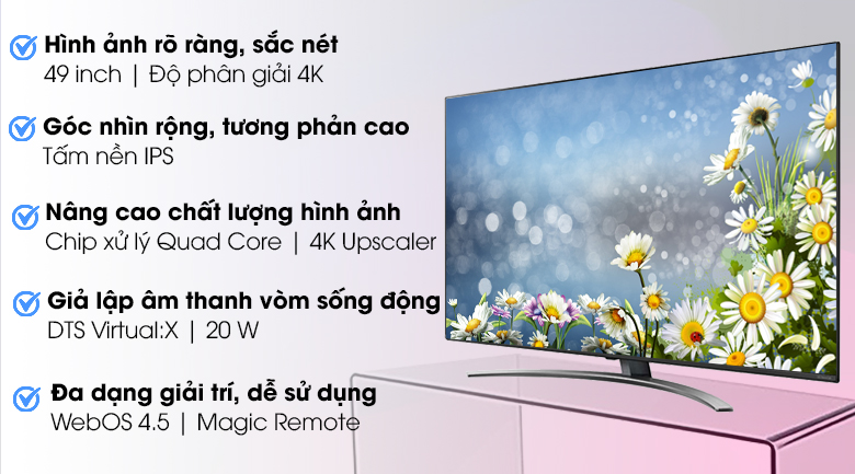 Smart Tivi NanoCell LG 4K, giá tốt, trả góp. Đây là dòng TV tiên tiến nhất của LG, đem lại trải nghiệm xem tuyệt vời nhất. Khả năng hiển thị màu sắc chuẩn xác, độ tương phản tuyệt vời, hình ảnh sắc nét và rõ ràng hơn bao giờ hết. Với giá tốt và chính sách trả góp linh hoạt, đây là cơ hội không thể bỏ qua để sở hữu tivi đỉnh cao của LG.