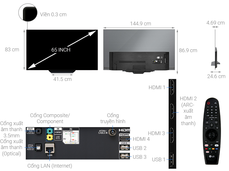 Thông số kỹ thuật Smart Tivi OLED LG 4K 65 inch 65B9PTA
