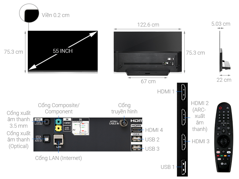 Thông số kỹ thuật Smart Tivi OLED LG 4K 55 inch 55E9PTA