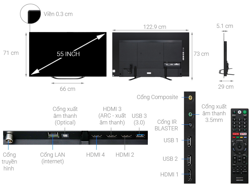 Thông số kỹ thuật Android Tivi OLED Sony 4K 55 inch KD-55A8G