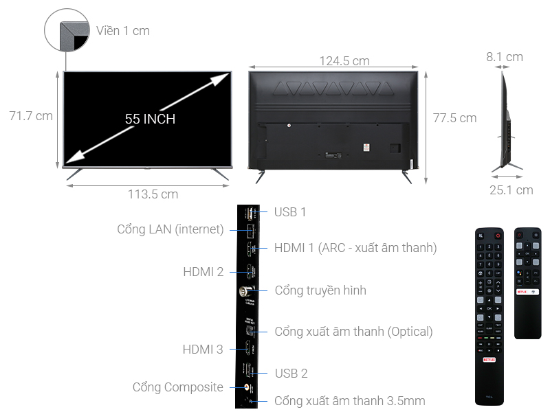 Thông số kỹ thuật Android Tivi TCL 4K 55 inch L55A8