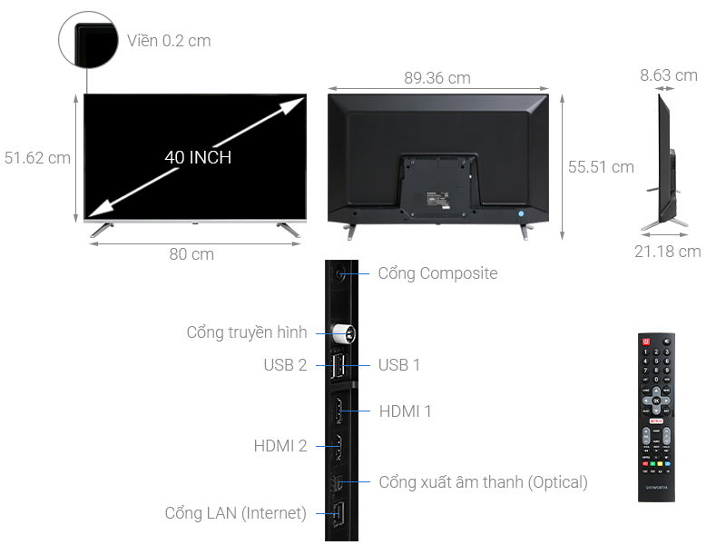 Thông số kỹ thuật Smart Tivi Skyworth 40 inch 40TB5000