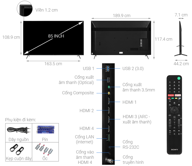 Thông số kỹ thuật Android Tivi Sony 4K 85 inch KD-85X8000H