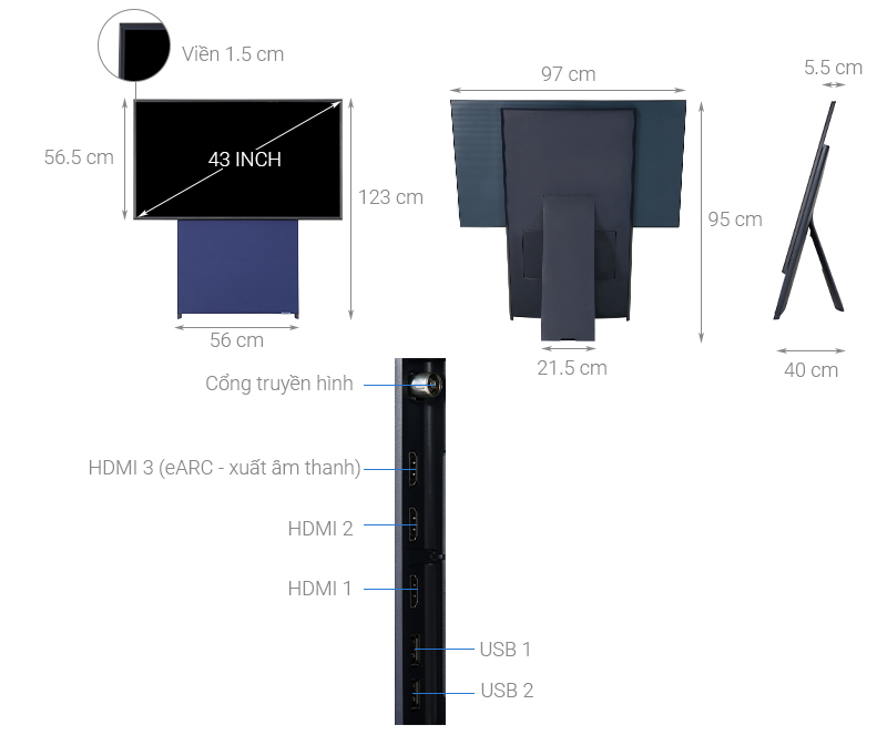Thông số kỹ thuật Smart Tivi Màn Hình Xoay The Sero QLED Samsung 4K 43 inch QA43LS05T