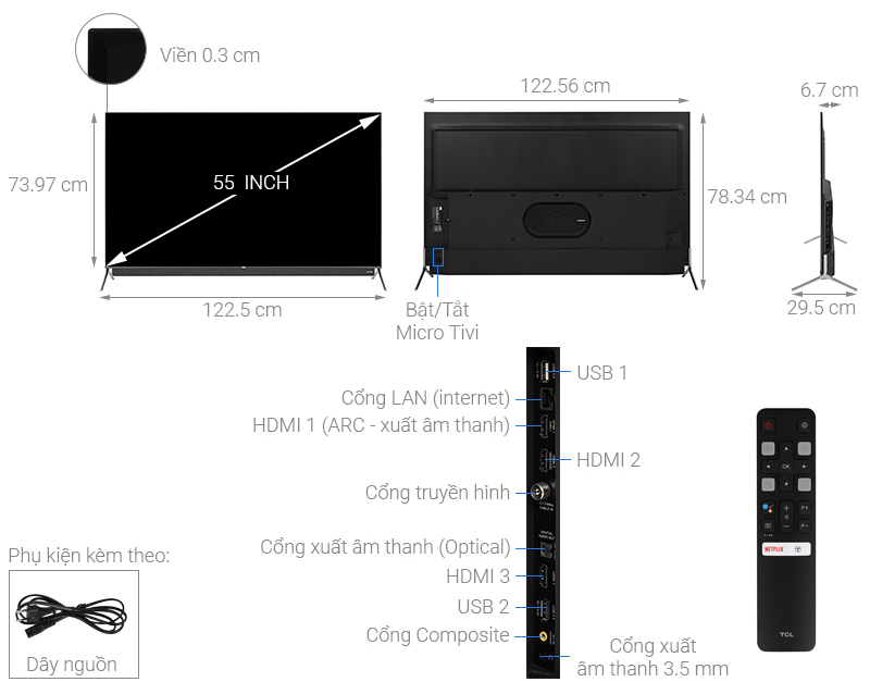 Thông số kỹ thuật Android Tivi QLED TCL 4K 55 inch 55C815
