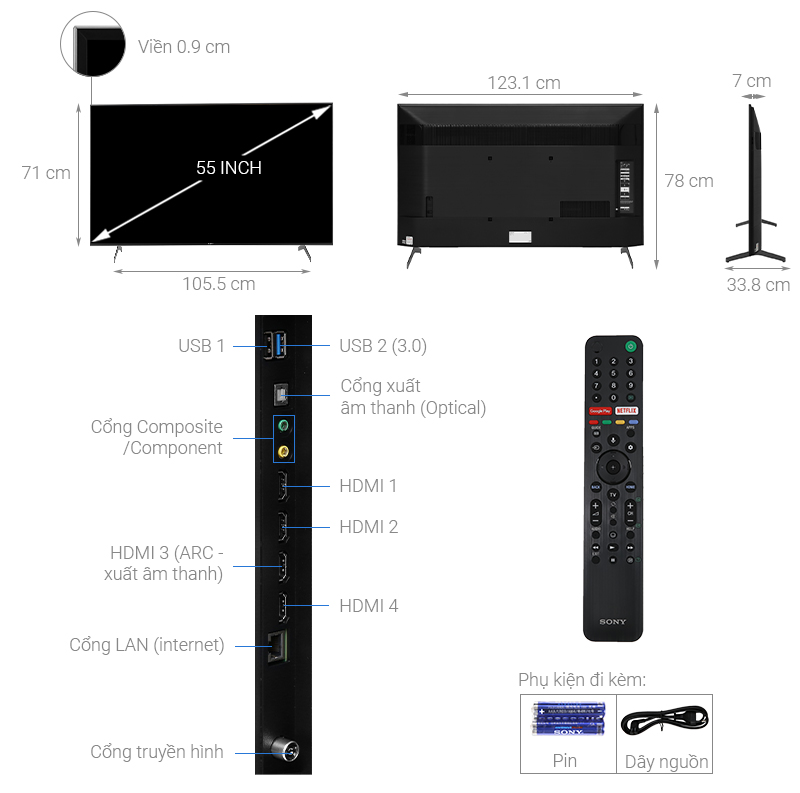 Thông số kỹ thuật Android Tivi Sony 4K 55 inch KD-55X9000H