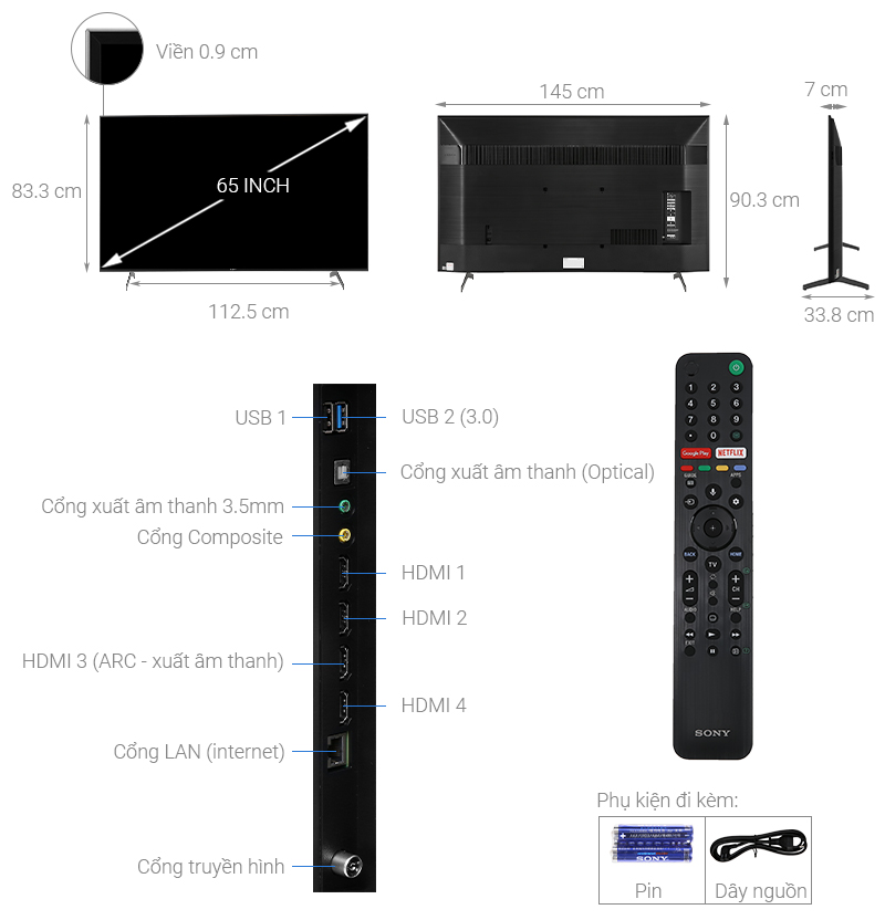 Thông số kỹ thuật Android Tivi Sony 4K 65 inch KD-65X9000H