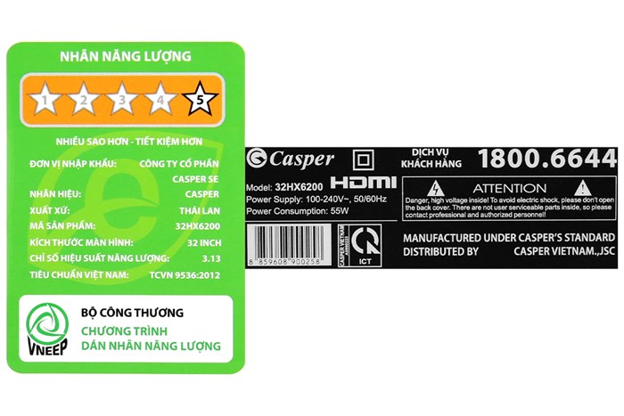 Smart Tivi Casper 32 inch 32HX6200 Màu Đen